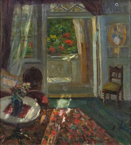 Monogrammed CH. First half of the 20th century. 43 x 38 cm. The balcony room. Oil/wood, monogrammed lower right. Provenance: Collection of the Stuttgart entrepreneur and art lover Wolfgang Osterloh. See the portrait of Wolfgang Osterloh (PDF).