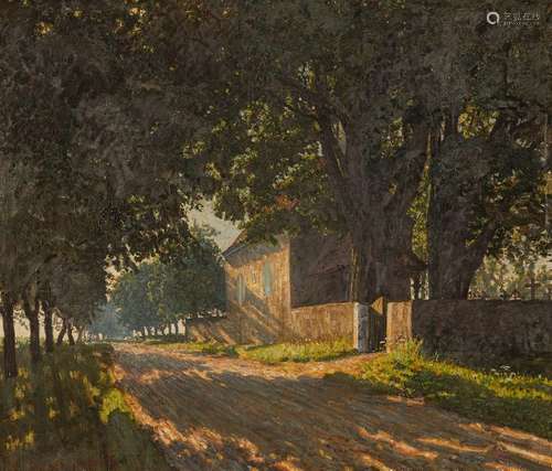 Oddball, Paul. Geislingen 1874 - Kaufbeuren 1951. 82 x 96 cm. Tree lined street at the cemetery in Oberbeuren. Oil on canvas, signed and dated 1930 at lower left.