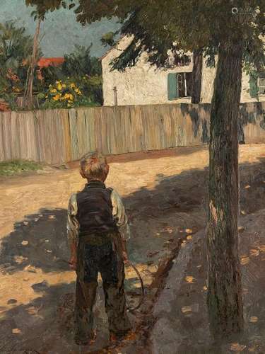 Franck, Philip. Frankfurt 1860 - Berlin 1944. 100 x 75 cm. Boy with a tire in the shade of a tree. Oil/liquid, signed lower left. Rest.