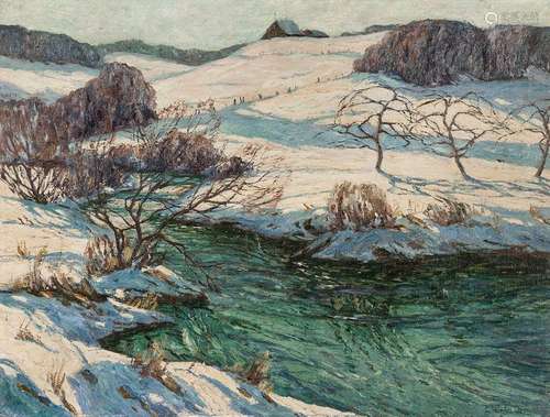 Perfall, Erich von. Düsseldorf 1882 - 1961. 60 x 80 cm. Winter landscape with stream. Oil/Lwd./Lwd., signed lower right.