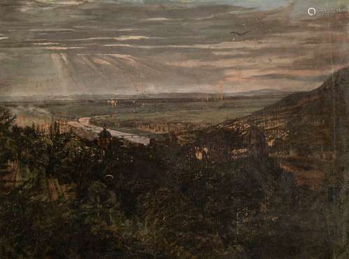 Trübner, Wilhelm. Heidelberg 1851 - Karlsruhe 1917. 58 x 77 cm. View of Heidelberg. Oil/cardboard, mounted on wood, signed lower left. The painting is listed and illustrated in : Hans Rosenhagen, Wilhelm Trübner, Bielefeld 1909, pp. 91 and 70 Provenance: From old South German private property. senile