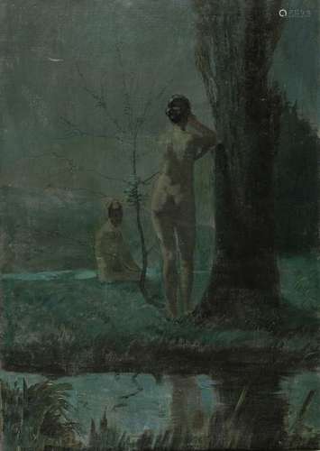 Pleuer, Hermann. Swabian Gmünd 1863 - Stuttgart 1911. 95 x 65 cm. Moon night with bathing women. Oil/wood, monogrammed lower right. Cf. Gabriele Kiesewetter, Hermann Pleuer 1863-1911 Leben und Werk, Stuttgart 2000, WVZ Nos. 1895.10 and 1899.4 with further versions of this motif.