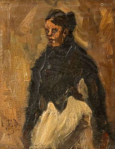 Breitner, Georg Hendrik. Rotterdam 1857 - Amsterdam 1923. 22 x 18 cm. Woman in dark costume. Oil/wood, monogrammed lower left.