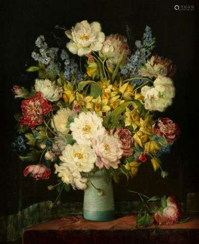 Voisard, J. 19th and 20th centuries. Seventy-six by 63 cm. Still life with flowers in a turquoise vase before a dark green curtain. Oil/liquid, signed lower right.