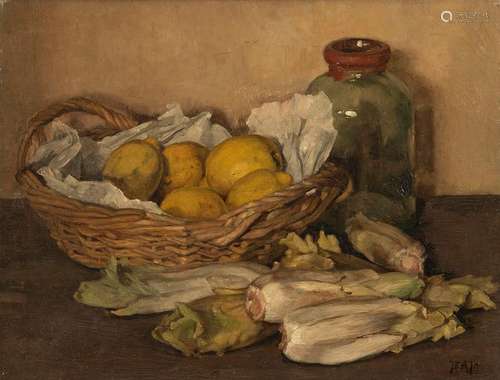 Akkeringa, Johann Evert (attr.). The Hague 1894 - Voorburg 1974. 35 x 46 cm. Still life with chicory and lemons in a basket. Oil/wood, monogrammed lower right.