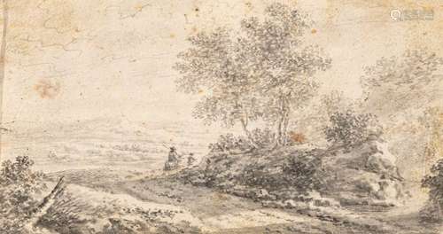 Ruisdael, Jacob Samuelsz. van (attr.) Haarlem 1629 - 1681. 9 x 14.5 cm,o.R. Landscape with travellers. Black chalk and brush in grey/paper, collection stamp Max Graff (Lugt 1157b) on the reverse. Put on cardboard at the upper edge. Provenance: From the collection of the physician Max Graff, well known with Erwin Panofsky between the wars.