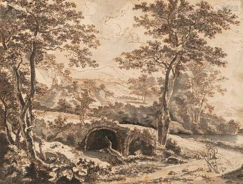 Both, Jan (attr.). Utrecht about 1615 - 1652. 20.5 x 26 cm,o.R. Wooded river landscape with bridge. Pen-and-ink drawing in brown, brown and grey wash/paper, on the reverse collection stamp Max Graff (Lugt 1157b). Put on cardboard at the upper edge. Provenance: From the collection of the physician Max Graff, well known with Erwin Panofsky between the wars.