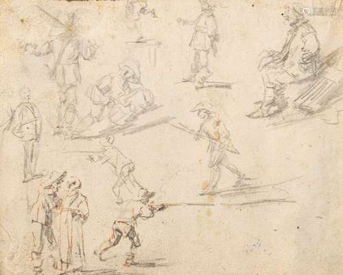 Teniers, David (attr.). Antwerp 1610 - Brussels 1690. 15.5 x 19 cm,o.R. Figure studies. Black chalk and ink in brown, collection stamp Max Graff (Lugt 1157b) on verso. Upper left on passepartout. Provenance: From the collection of the physician Max Graff, well known with Erwin Panofsky between the wars.