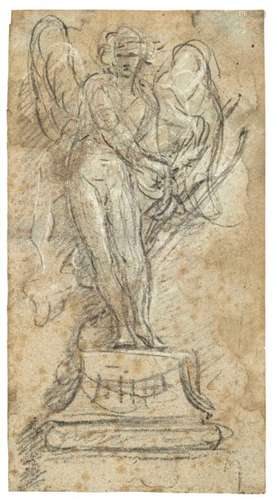 Fragonard, Jean-Honoré (district). Grasse 1732 - Paris 1806. 29 x 15 cm. Study of Cupid with bow and arrow on a pedestal. Black chalk, white heightened/paper. In old frames. Provenance: Important southern German private collection.