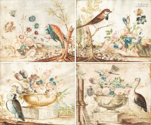 Germany. Second half of the 18th century. 20 by 25 centimeters. Series of four flower still lifes with birds. tempera/parchment, one dated 1771.