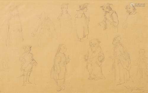 Spit it out, Carl. Munich 1808 - 1885. 20.5 x 32 cm. Sketch sheet with twelve figure studies. Pencil/paper, bottom right estate stamp. Provenance: From old South German private property.