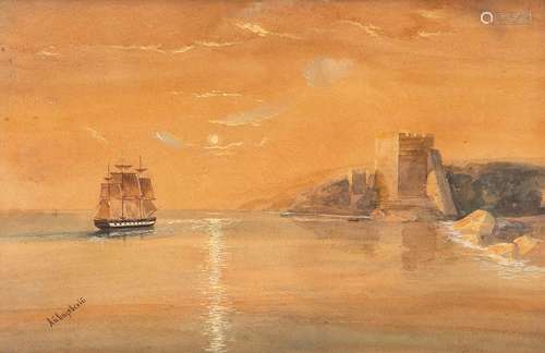 Aivazovsky, Ivan Konstantinovic (in the manner of). Feodosija 1817 - 1900. 29 x 43 cm. Coastal landscape with three-master in the evening light. Watercolour, white heightened/paper.