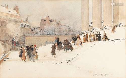 Loir, Luigi. Göritz 1845 - Paris 1916. 28 x 45 cm. The steps of the church Ste. Madeleine in Paris in winter. Watercolour over pencil/paper, signed and dated (18)87.