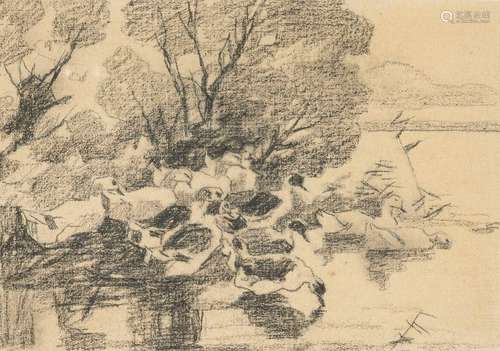 Koester, Alexander. Berg Neustadt 1864 - Munich 1932. 22 x 29 cm. Ducks on the lakefront. Coal/wood, estate stamp on the reverse side. Provenance: Stuttgart private collection.