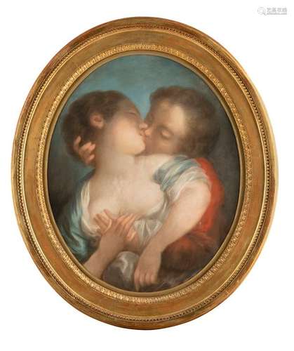 Fragonard, Jean-Honoré (nach). Grass 1732 - Paris 1806. 64 x 52 cm. The Kiss. Pastell/Paper.