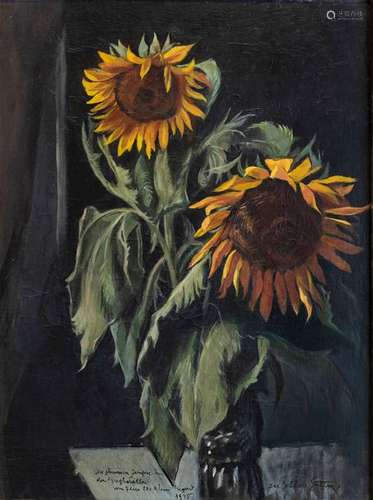 STILLEBENMALER, DAT. 1945. STILLEBEN MIT SONNENBLUMEN. 81 X 60 CM.