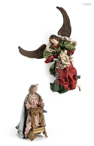 TWO NEAPOLITAN CRIB-. FIGURES, PROCLAMATION, 19TH CENTURY H. 38/60 CM. Provenance: Collection of the Stuttgart entrepreneur and art lover Wolfgang Osterloh.