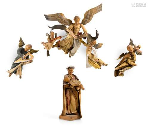 ANNA FEHRLE, ANGELS GROUP AND. THREE NATIVITY FIGURES. H. 25/37 CM. Provenance: Collection of the Stuttgart entrepreneur and art lover Wolfgang Osterloh.