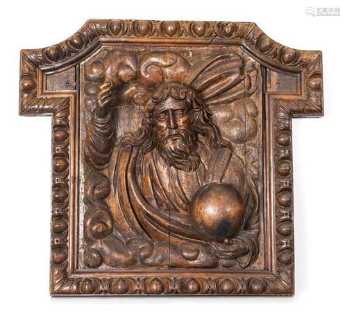 RELIEF IM BAROCKSTIL, 19.JH.,. GOTTVATER, HOLZ/GEBEIZT. 73 X 59 CM.