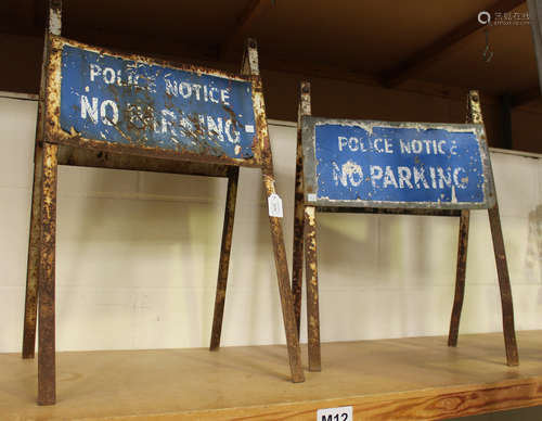 Two mid-20th century painted metal double-sided 'A' frame 'Police Notice No Parking' signs,