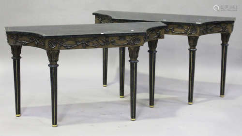 A pair of modern Neoclassical style console tables, the brass inlaid hardstone veneered tops above