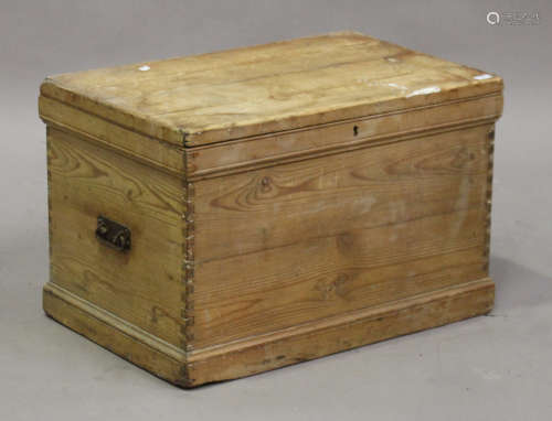 A 19th century pine blanket box with hinged lid and plinth base, height 59cm, width 102cm, depth