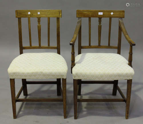 A set of six George IV mahogany inlaid bar back dining chairs, comprising two carvers and four