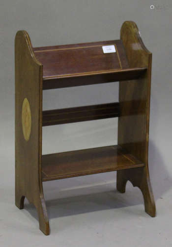 An Edwardian mahogany table-top book trough with chequer line inlaid decoration and shell paterae,