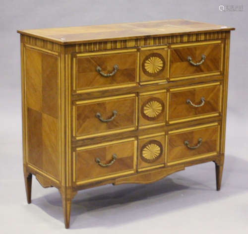 A 20th century French walnut and boxwood inlaid chest of six short drawers with fan inlaid