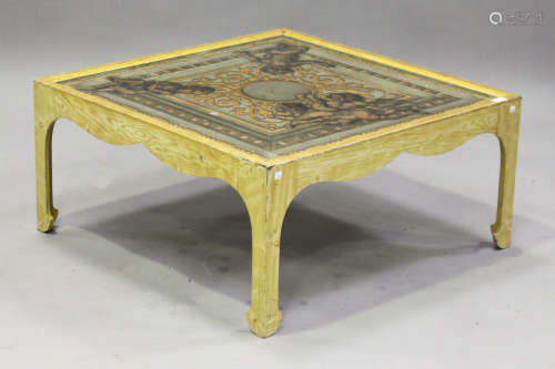 A 20th century painted square coffee table, the top decorated with baroque style putti and gilt