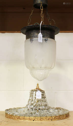 An early 20th century Continental planished metal and frosted glass pendant ceiling light, height