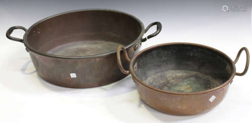 A Victorian copper preserve pan, diameter 43cm, together with a smaller preserve pan and two