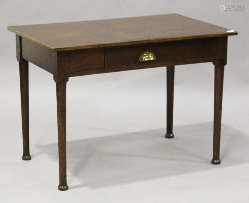 An early 20th century stained oak side table, fitted with a single frieze drawer, raised on turned