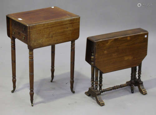 An early Victorian mahogany drop-flap work table, height 70cm, width 50cm, together with a Victorian