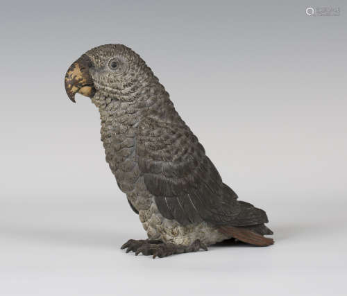 A late 19th/early 20th century Austrian cold painted cast bronze model of an African grey parrot, in