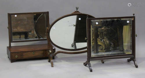 A late George III mahogany swing frame mirror, fitted with three drawers, height 52cm, width 52cm,