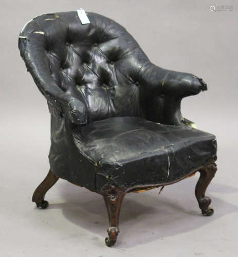 A Victorian tub back salon armchair, upholstered in black leatherette, on cabriole legs, height