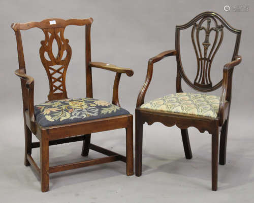 A George III fruitwood pierced splat back elbow chair, height 92cm, width 67cm, together with
