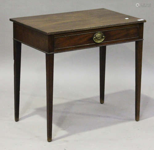 A George III mahogany side table, fitted with a single frieze drawer, on square tapering legs,