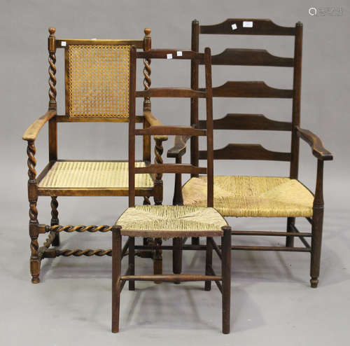 A George V beech framed elbow chair, the caned seat and back within a barley twist frame, width