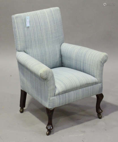 A George V child's armchair, upholstered in blue striped fabric, on cabriole legs and castors,