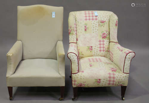 An Edwardian armchair, on square tapering legs, height 97cm, width 60cm, together with a similar