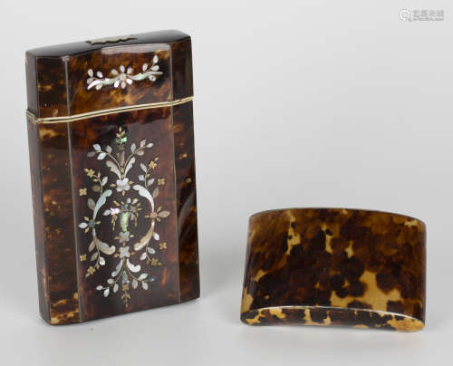 A 19th century French tortoiseshell and mother-of-pearl inlaid cheroot case, length 13.5cm, together