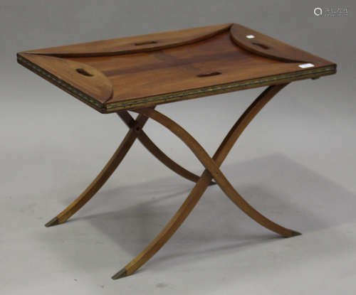 A 20th century mahogany campaign style butler's tray and folding stand, height 53cm, width 74cm,