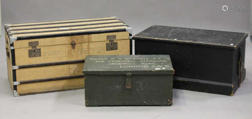 An early 20th century green painted military chest, height 30cm, width 69cm, depth 44cm, together