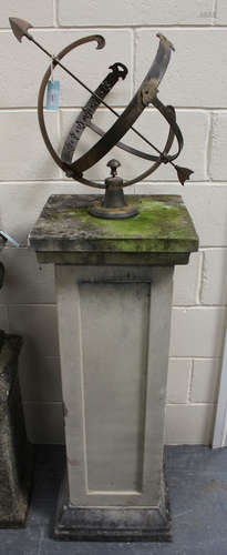 A late 20th century gilt brass garden armillary sundial, raised on a cast composition stone square