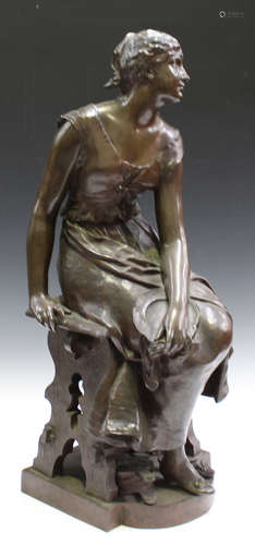 André Massoule - a late 19th century French brown patinated cast bronze figure of a peasant girl