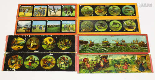 A collection of Primus magic lantern slides, all with printed and coloured scenes, including an