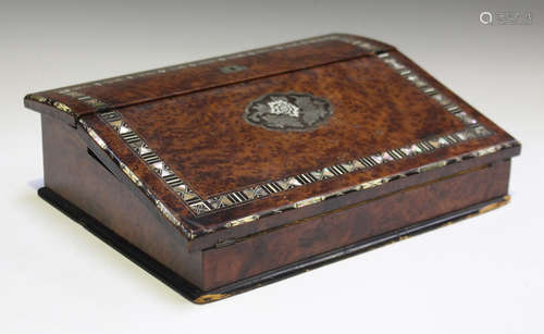 A late Victorian amboyna writing box with mother-of-pearl, ebony and pewter inlaid decoration, width