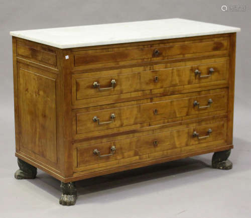 A 19th century Continental satin walnut commode, the white marble top above four long drawers with